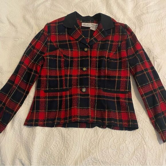 Vintage Kathie Lee size 12 Tweed Coquette Red Plaid Blazer Preppy Academia - Picture 2 of 10